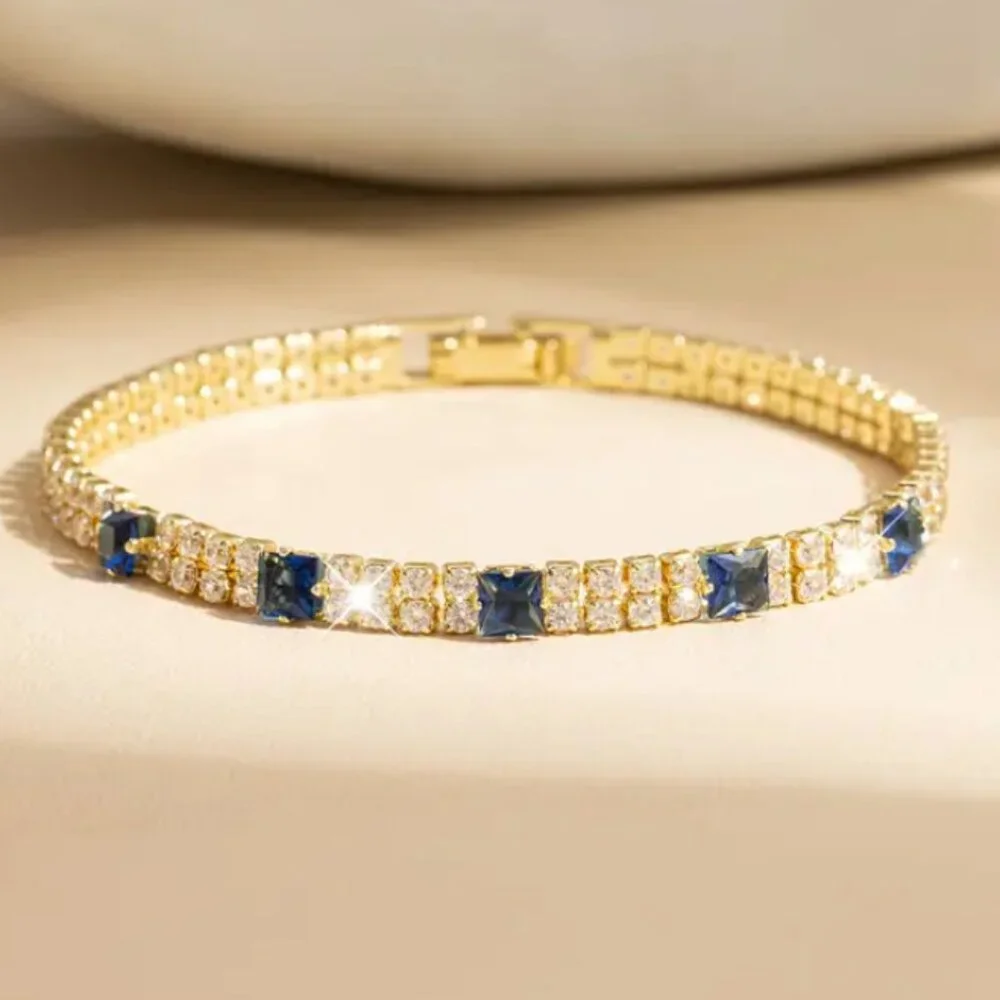 14K Gold Womens 1ct Blue Sapphire Gemstone 2ct Diamond Tennis Bracelet Jewelry